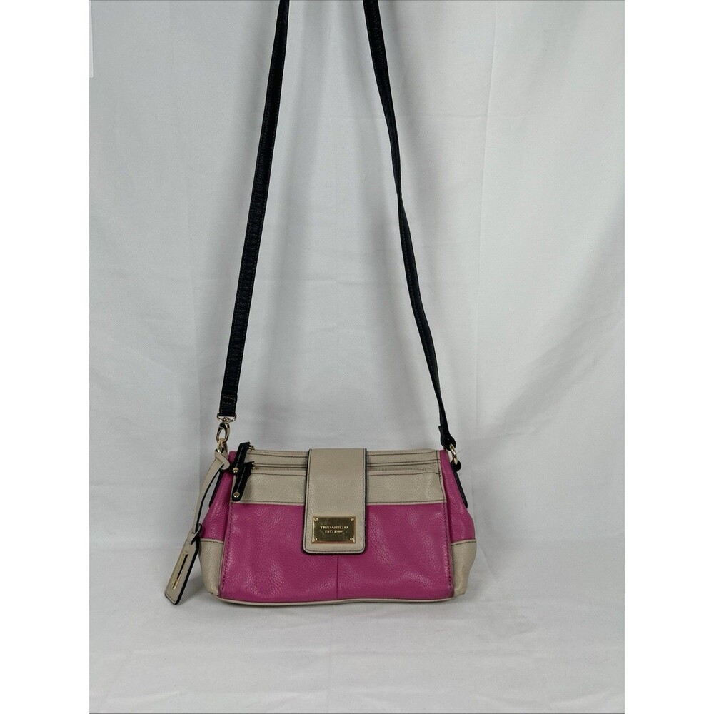 Tignanello Leather Hot Pink Taupe Crossbody Bag Purse Black Strap Barbie Preppy - Picture 2 of 16